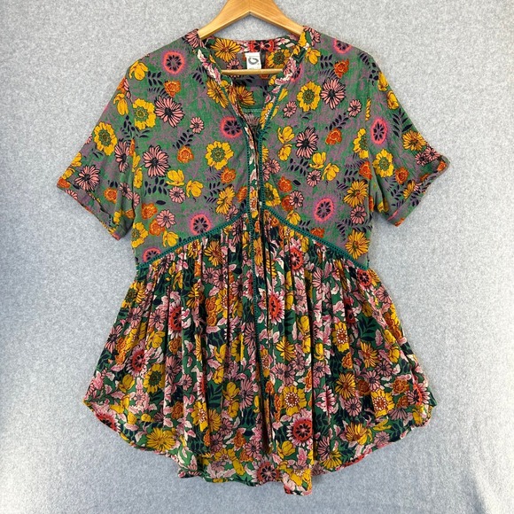Anthropologie Tops - Akemi + Kin Floral Anthropologie Tunic Blouse‎ Green Yellow Floral Bloom Medium
